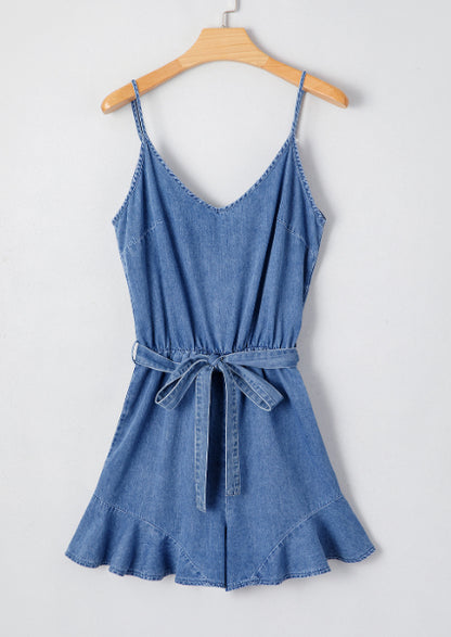 Ashleigh Blue Spaghetti Strap V Neck Belted Ruffled Leg Chambray Romper