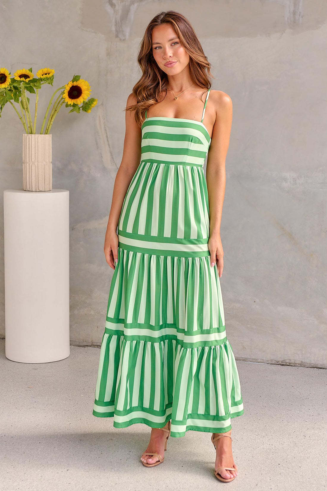 Summer Striped Printed Long Dress With Pockets Fashion Square Neck Dress For Beach Vacation Women Clothing