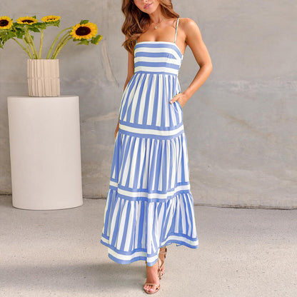 Summer Striped Printed Long Dress With Pockets Fashion Square Neck Dress For Beach Vacation Women Clothing