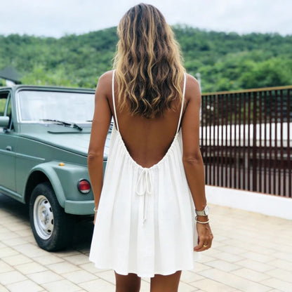 Solid-color Ruched Open-back Strap Sundress Beach Vacation Dress For Women