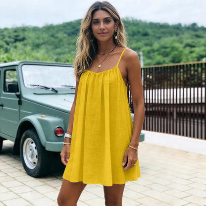 Solid-color Ruched Open-back Strap Sundress Beach Vacation Dress For Women