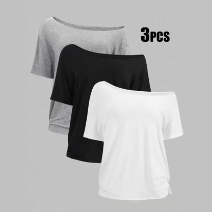 Plus-size Off-shoulder angled T-shirt Three-piece Set