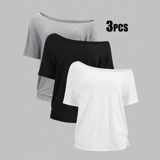 Plus-size Off-shoulder angled T-shirt Three-piece Set