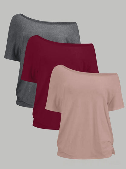 Plus-size Off-shoulder angled T-shirt Three-piece Set
