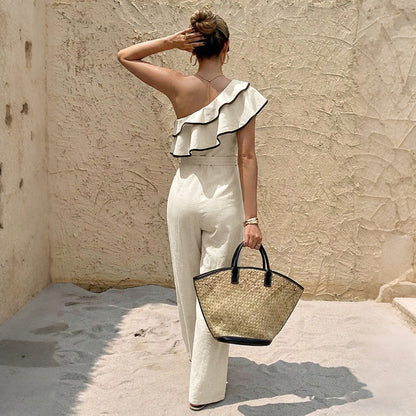 One-Shoulder Ruffle-Trimmed Drawstring Waist Jumpsuit