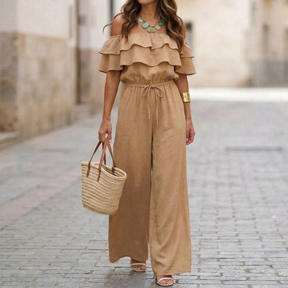 Womens Ruffled Off-Shoulder Solid Color Cinched Waist Jumpsuit