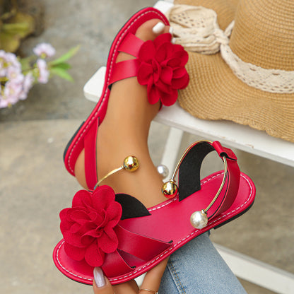 Womens Flat-sole Pearl Strap Sandals