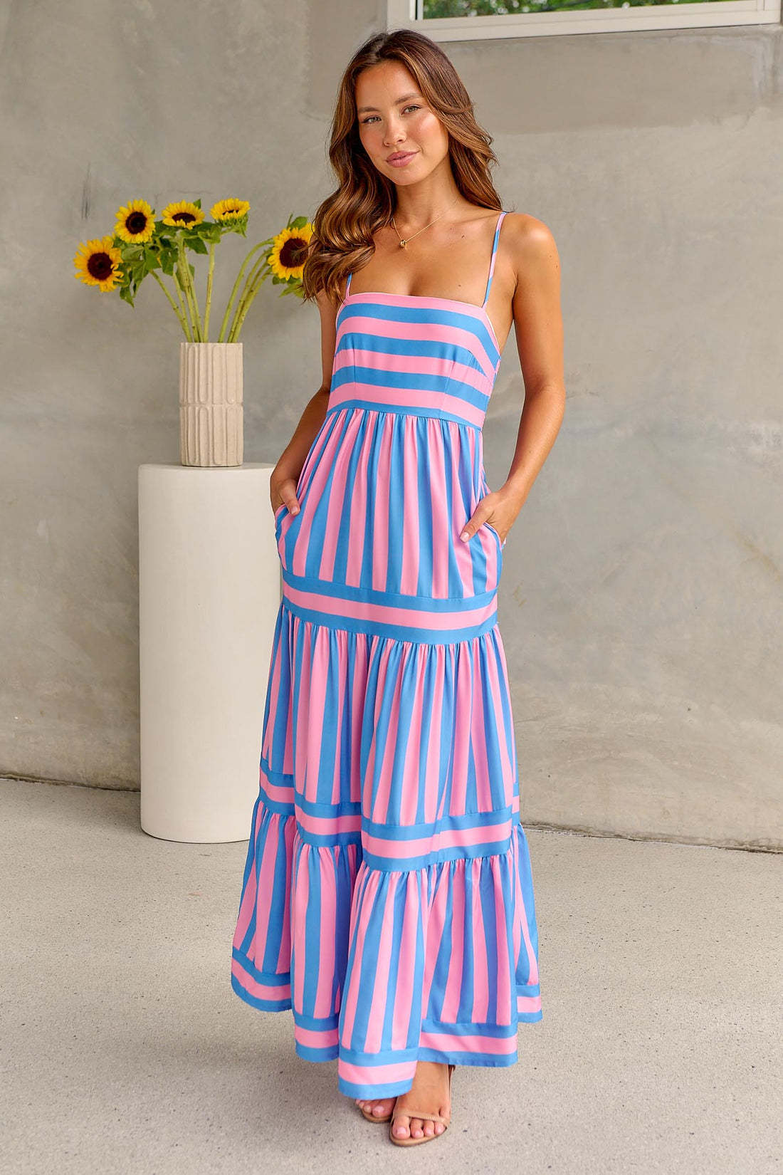 Summer Striped Printed Long Dress With Pockets Fashion Square Neck Dress For Beach Vacation Women Clothing