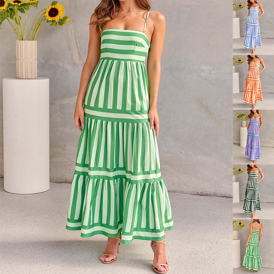 Summer Striped Printed Long Dress With Pockets Fashion Square Neck Dress For Beach Vacation Women Clothing