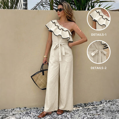 One-Shoulder Ruffle-Trimmed Drawstring Waist Jumpsuit