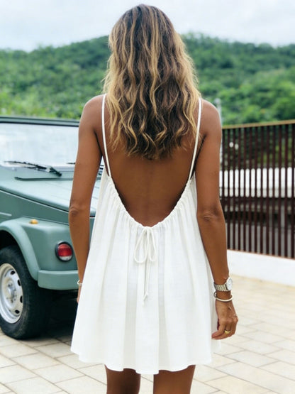 Solid-color Ruched Open-back Strap Sundress Beach Vacation Dress For Women