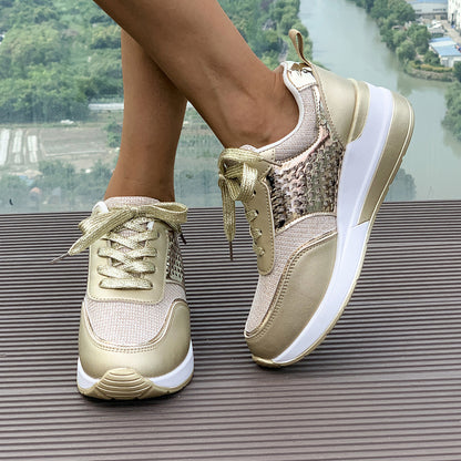 Sequin Round-Toe Lace-Up SpringAutumn Casual Sneakers