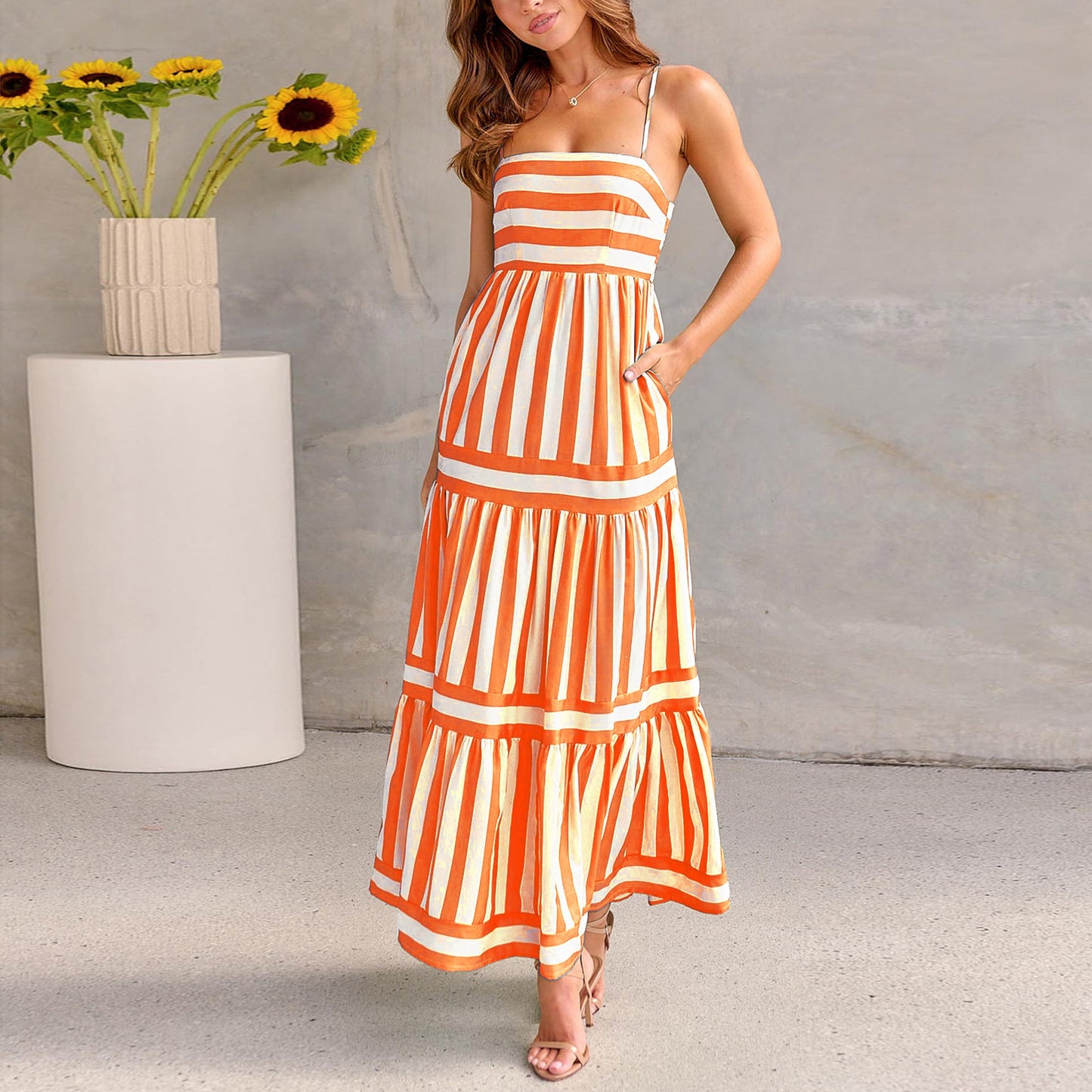 Summer Striped Printed Long Dress With Pockets Fashion Square Neck Dress For Beach Vacation Women Clothing