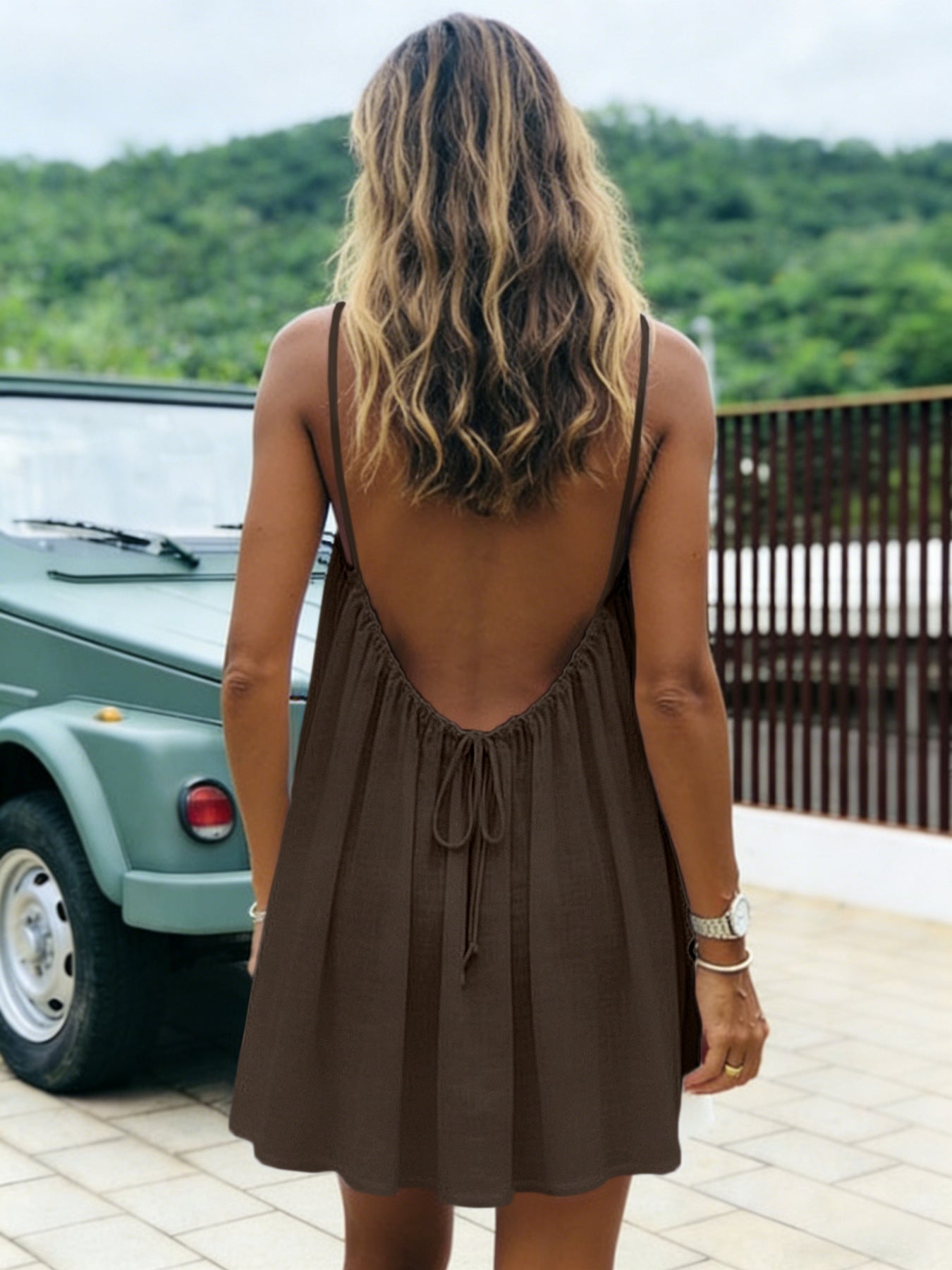 Solid-color Ruched Open-back Strap Sundress Beach Vacation Dress For Women