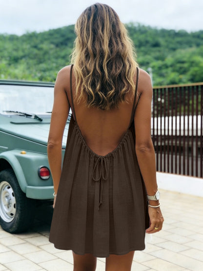 Solid-color Ruched Open-back Strap Sundress Beach Vacation Dress For Women