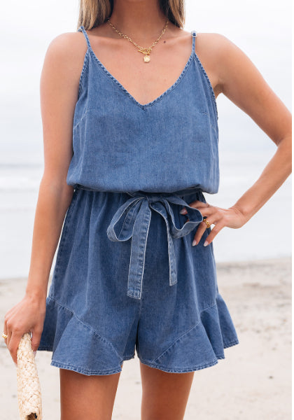 Ashleigh Blue Spaghetti Strap V Neck Belted Ruffled Leg Chambray Romper