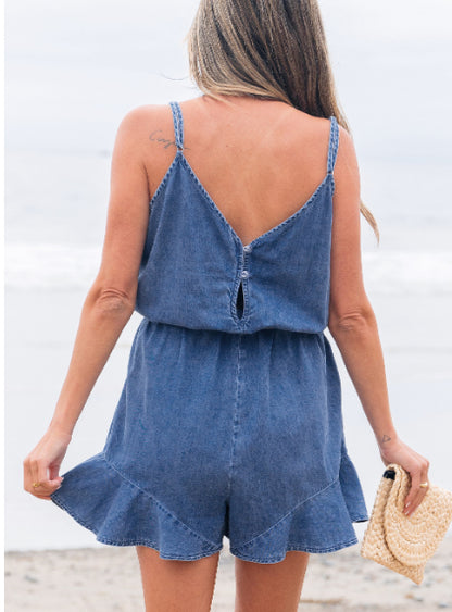 Ashleigh Blue Spaghetti Strap V Neck Belted Ruffled Leg Chambray Romper