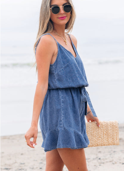 Ashleigh Blue Spaghetti Strap V Neck Belted Ruffled Leg Chambray Romper