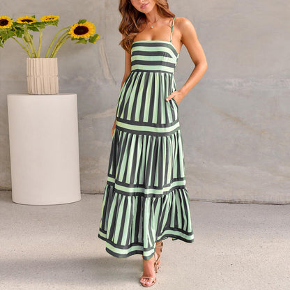 Summer Striped Printed Long Dress With Pockets Fashion Square Neck Dress For Beach Vacation Women Clothing