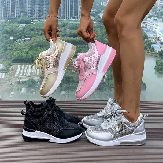 Sequin Round-Toe Lace-Up SpringAutumn Casual Sneakers