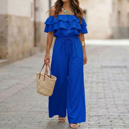 Womens Ruffled Off-Shoulder Solid Color Cinched Waist Jumpsuit