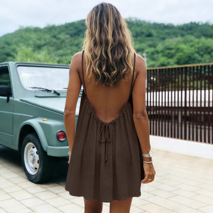 Solid-color Ruched Open-back Strap Sundress Beach Vacation Dress For Women