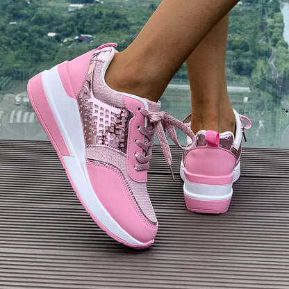 Sequin Round-Toe Lace-Up SpringAutumn Casual Sneakers