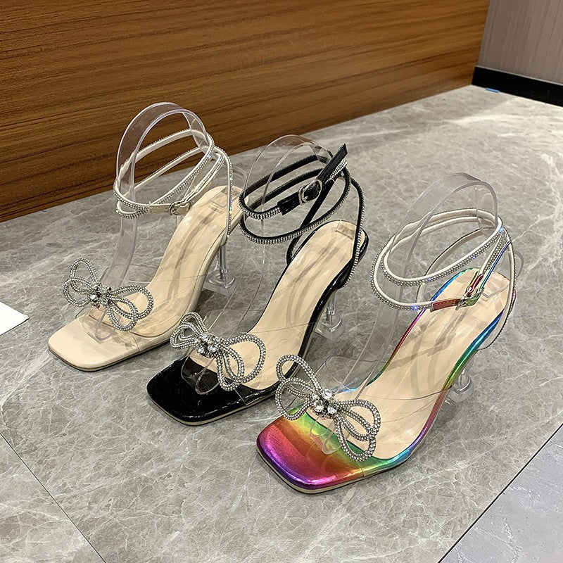 Crystal Clear Wine Glass And Rhinestone Bow Sandals For Women