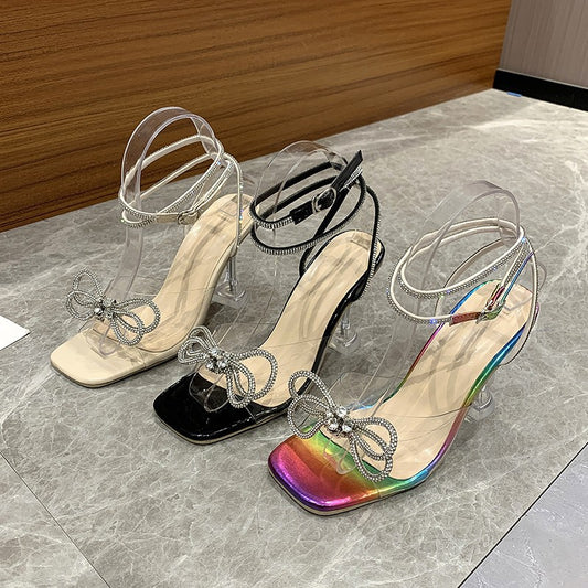 Crystal Clear Wine Glass And Rhinestone Bow Sandals For Women