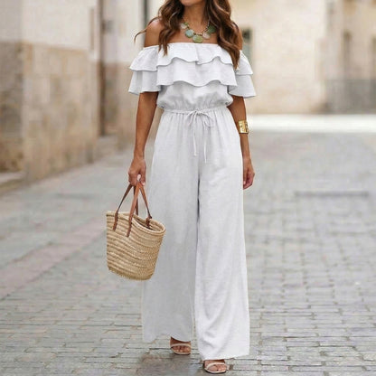 Womens Ruffled Off-Shoulder Solid Color Cinched Waist Jumpsuit