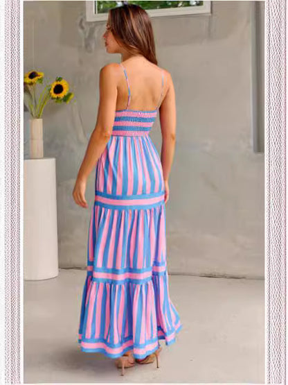 Summer Striped Printed Long Dress With Pockets Fashion Square Neck Dress For Beach Vacation Women Clothing