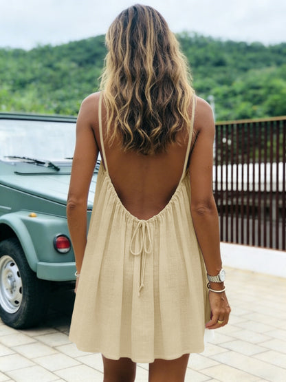 Solid-color Ruched Open-back Strap Sundress Beach Vacation Dress For Women